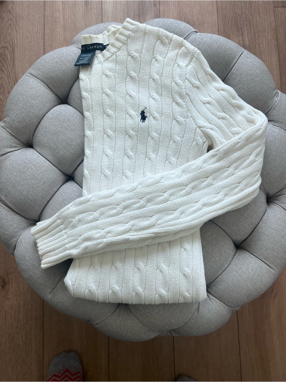 Ralph Lauren White Cable Knit Crew Neck Sweater Small Navy Logo 100% Cotton